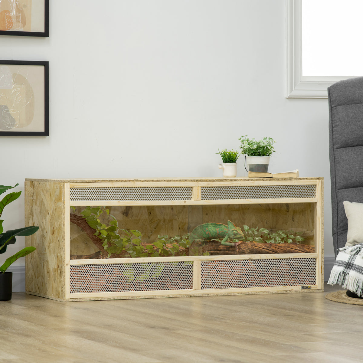 PawHut Terrarium für Reptilien/Amphibien, Glasschiebetüren, Lüftungsgitter, 120x50x50cm – Produktabbildung 2
