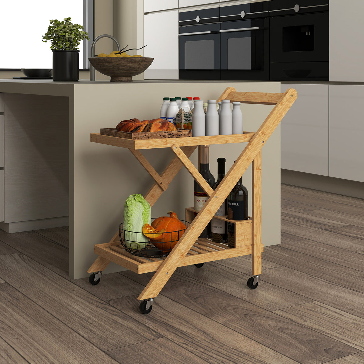 HOMCOM Küchenwagen auf Rädern, Servierwagen mit 3 Weinregalen, 2 Tabletts, für Küche, Esszimmer – Produktabbildung 7