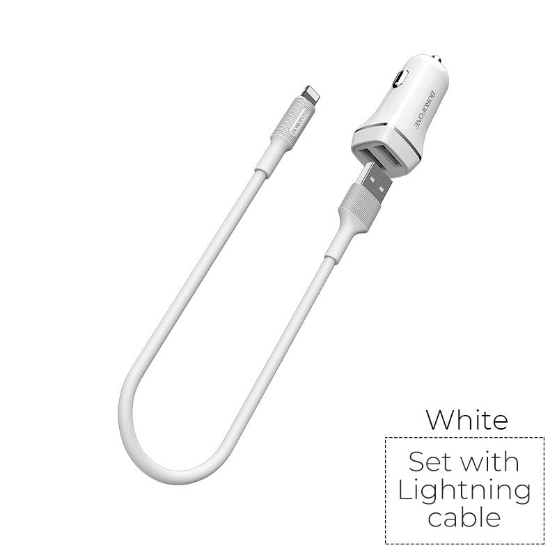 Borofone - Autoladegerät 2x USB Lightning Kabel in Packung, weiß