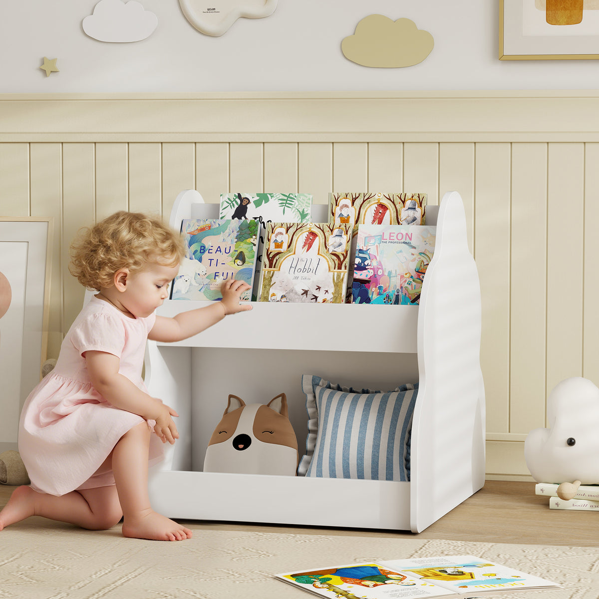 Kinderregal, 2-stöckiges Kinder-Bücherregal mit Rädern, 4 Regalen, für Kinderzimmer, Spielzimmer – Produktabbildung 2