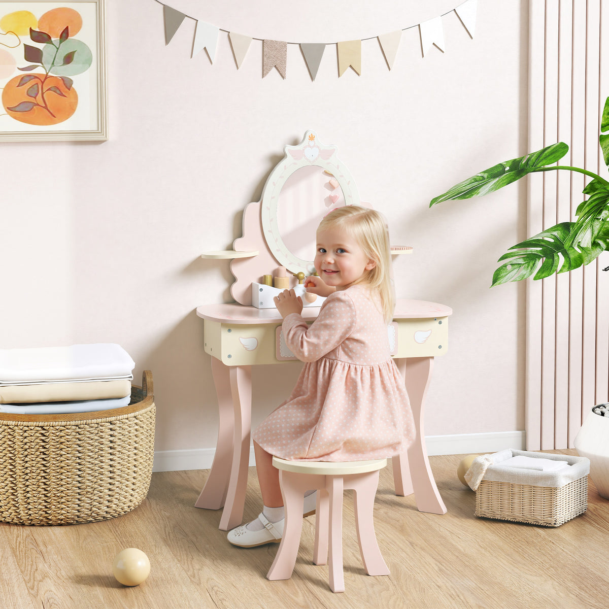 Kinderschminktisch, Stuhl, Schublade, abnehmbarer Spiegel, Kinderschreibtisch mit 7 Zubehörteilen – Produktabbildung 2