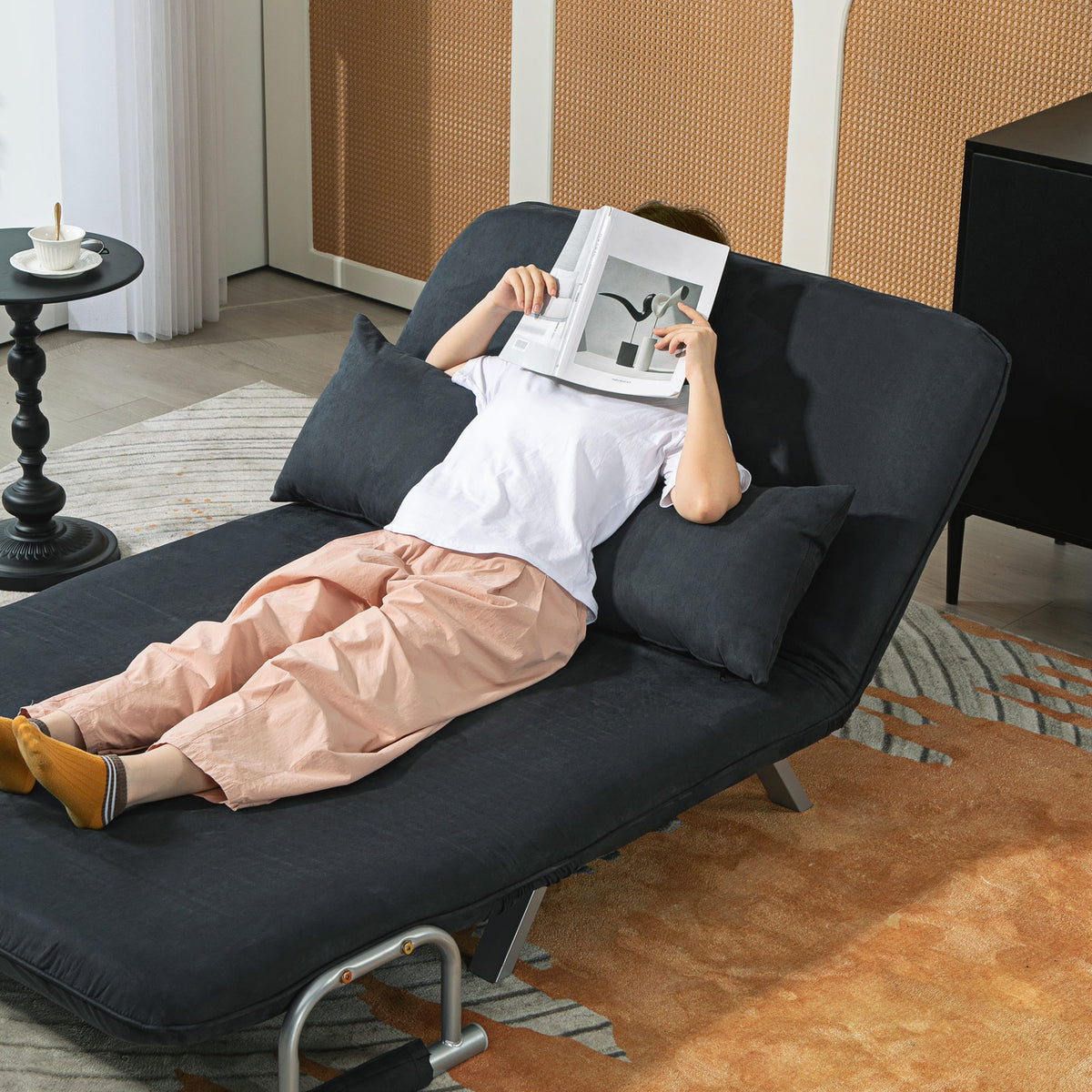 HOMCOM Schlafsofa, 5-fach verstellbar, Wildlederimitat, Stahlrahmen, inkl. Kissen, Schwarz – Produktabbildung 8
