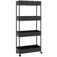 HOMCOM Küchenwagen mit 4 Regalen, 4 flexiblen Haken, 4 Rollen, 40 cm x 19 cm x 90 cm, Nischenwagen, Schwarz