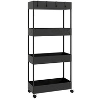 HOMCOM Küchenwagen mit 4 Regalen, 4 flexiblen Haken, 4 Rollen, 40 cm x 19 cm x 90 cm, Nischenwagen, Schwarz