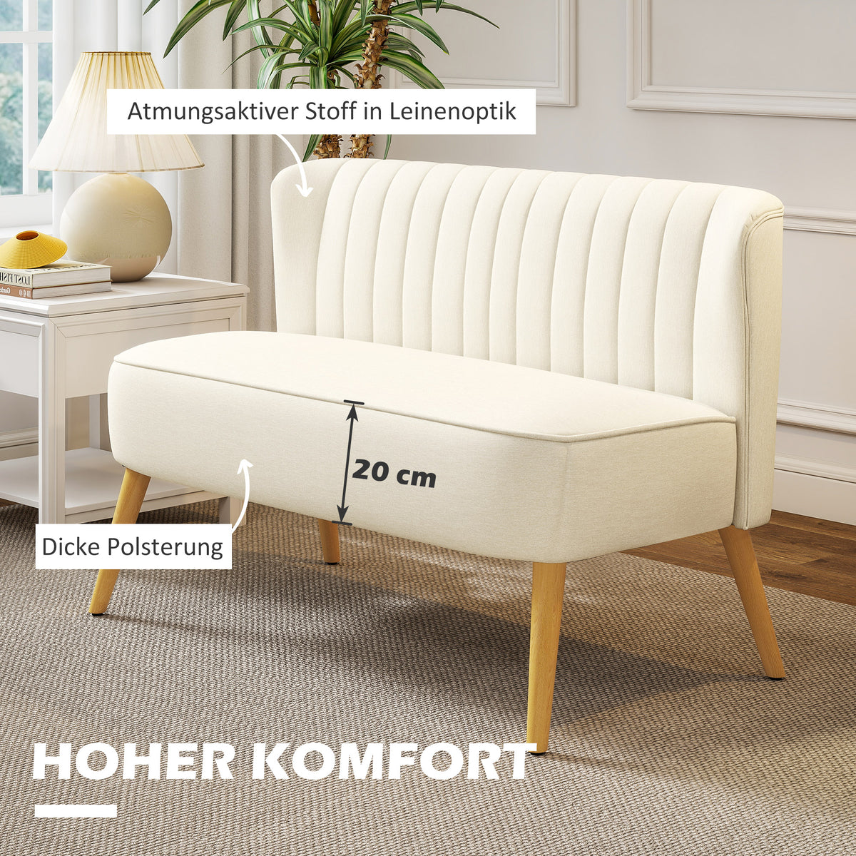 HOMCOM 2-Sitzer Sofa, weiche Polsterung, pflegeleichter Bezug, bis 220 kg, 117 x 56,5 x 77 cm, Cremeweiß – Produktabbildung 4