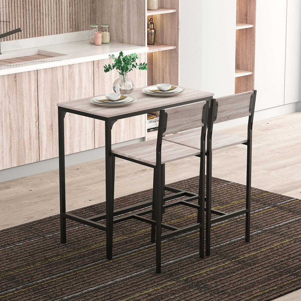 HOMCOM Bartisch Set Bartisch mit Barhocker-Set Esstisch mit 2 Stühlen mit Rückenlehne Küchentisch für – Produktabbildung 2