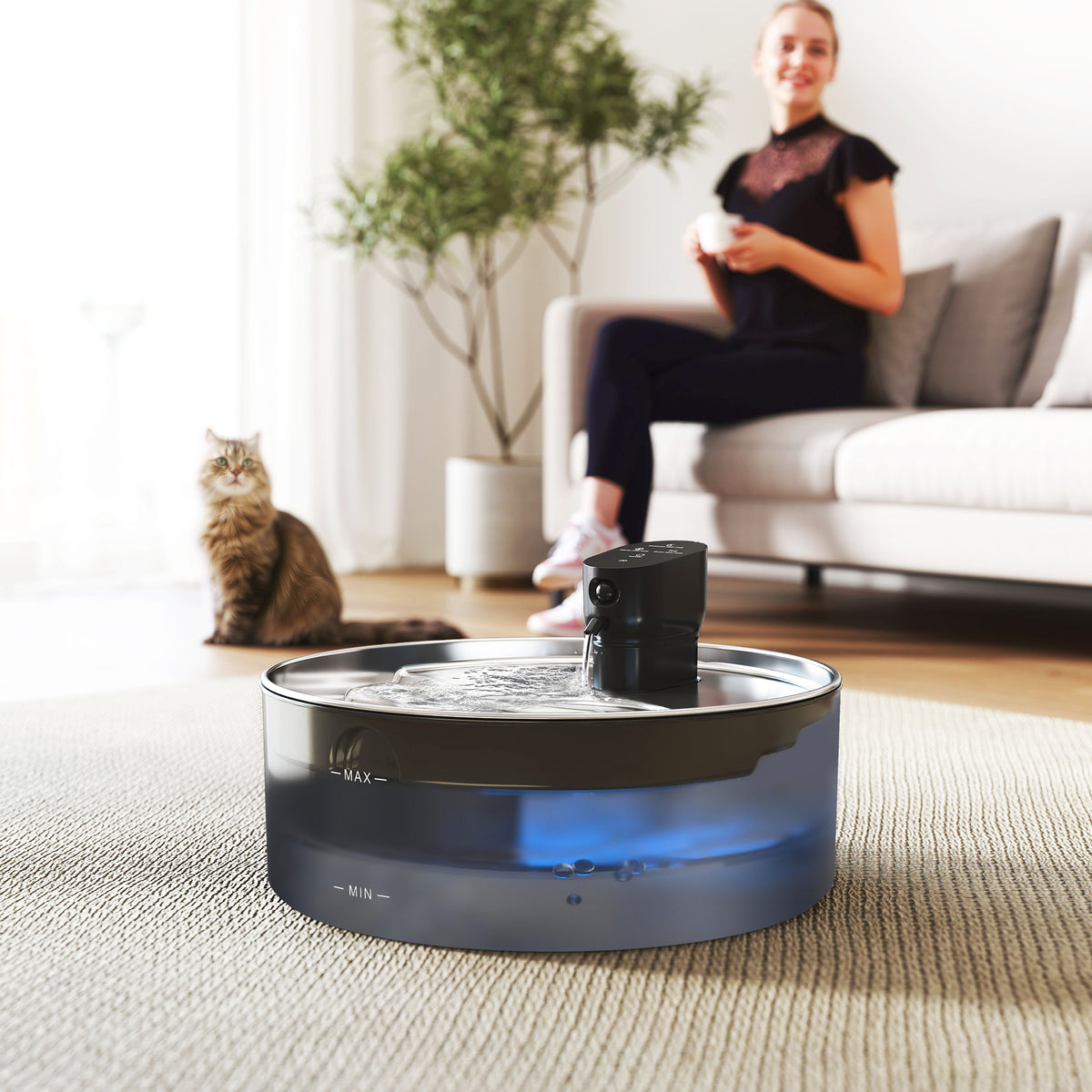 PawHut Katzenbrunnen 7L Trinkbrunnen für Katzen mit leiser Pumpe LED Aktivkohlefilter Edelstahl 30,6 x – Produktabbildung 2