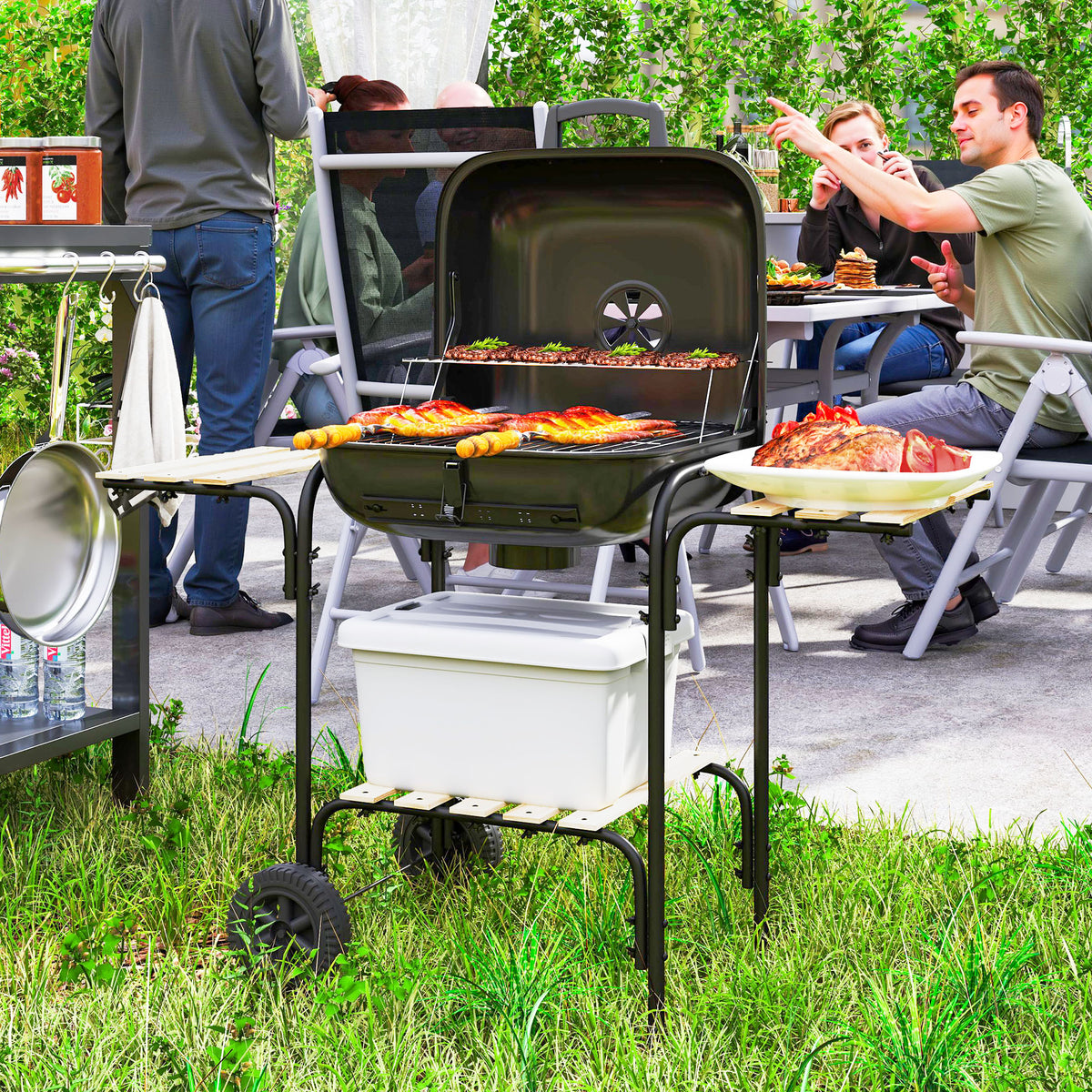 Outsunny Holzkohlegrill aus Stahl Grillwagen mit abschließbarem Deckel Grillrost Räder Griff Holzablage – Produktabbildung 2