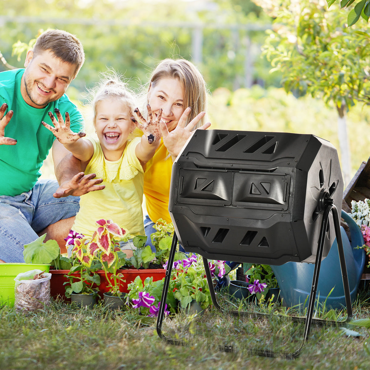 Outsunny Kompostbehälter mit 2 Behältern, 160 L Fassungsvermögen, drehbar, 71 cm x 65 cm x 96 cm – Produktabbildung 2