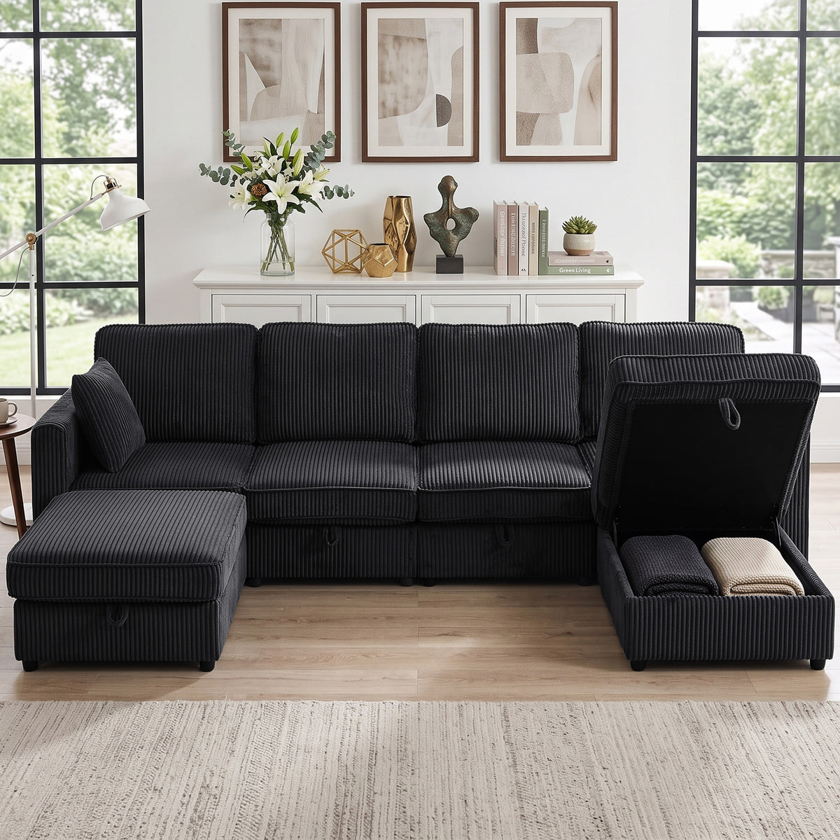 HOMCOM Ecksofa 4-Sitzer U-Form Sofa mit Stauraum-Ottomane, 306 cm Eckcouch mit Cord-Optik, 4 Kissen, für – Produktabbildung 2
