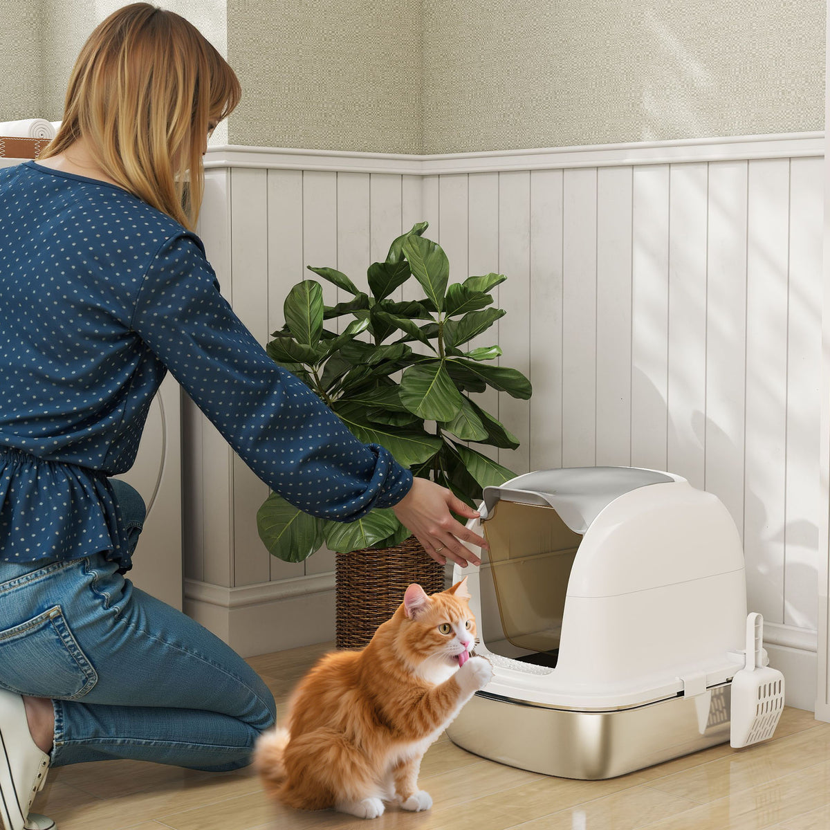PawHut Katzenklo Edelstahl mit Deckel, Katzentoilette mit Wanne, Streuschaufel, für Katze unter 5 kg – Produktabbildung 2