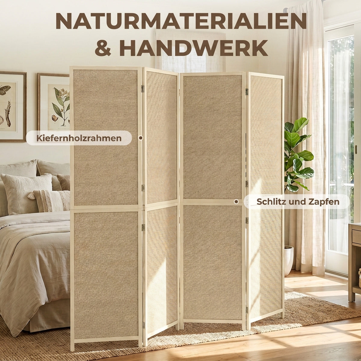 HOMCOM Paravent mit 4 Paneelen, faltbare Trennwand aus handgeflochtenem Bambus, 180 x 180 cm, Natur – Produktabbildung 5