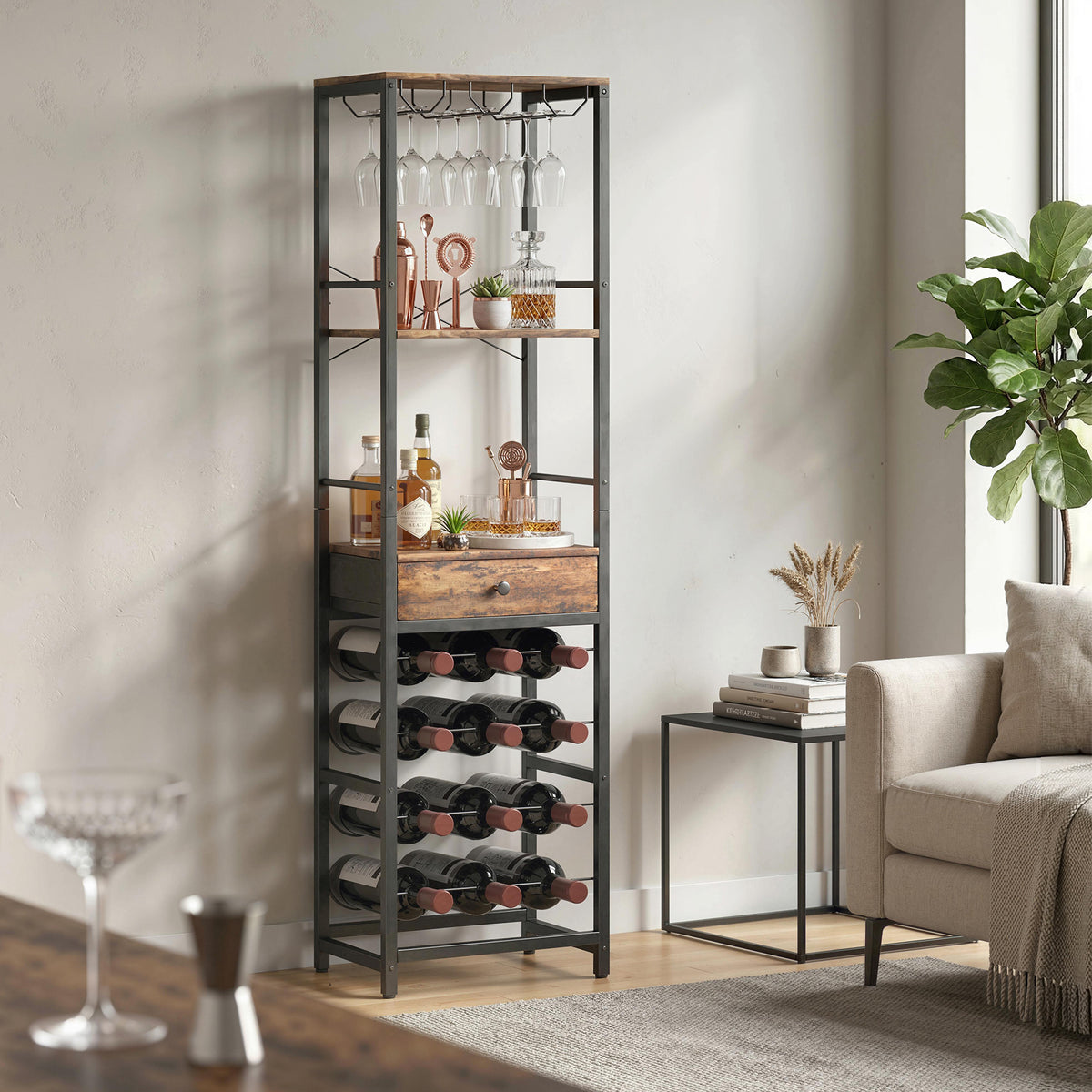 HOMCOM Weinbar-Schrank mit Schublade, Industrieller Barschrank, Weinregal für 12 Flaschen, Glashalter – Produktabbildung 10