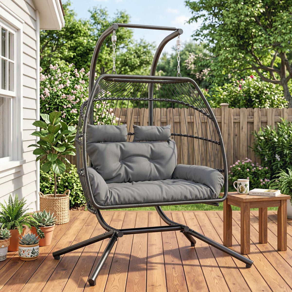 Outsunny Hängestuhl, Faltbarer Korbstuhl mit Kissen, Stahlrahmen, für drinnen und draußen, bis zu 260 kg – Produktabbildung 2