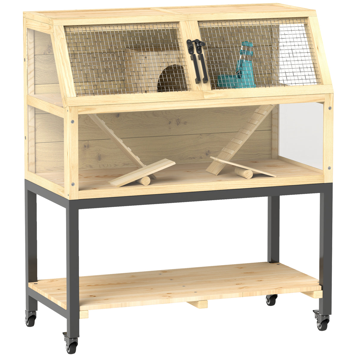 PawHut Zwerghamsterkäfig aus Holz mit Ablagefach, Rädern, Rampen, Wasserflasche, Hütte, Wippen, 87 x 43 x