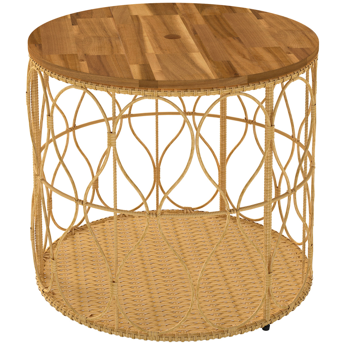 Outsunny Beistelltisch Ø50 cm wetterfest Gartentisch mit Rattanoptik Akazienholzplatte verstellbaren Füßen
