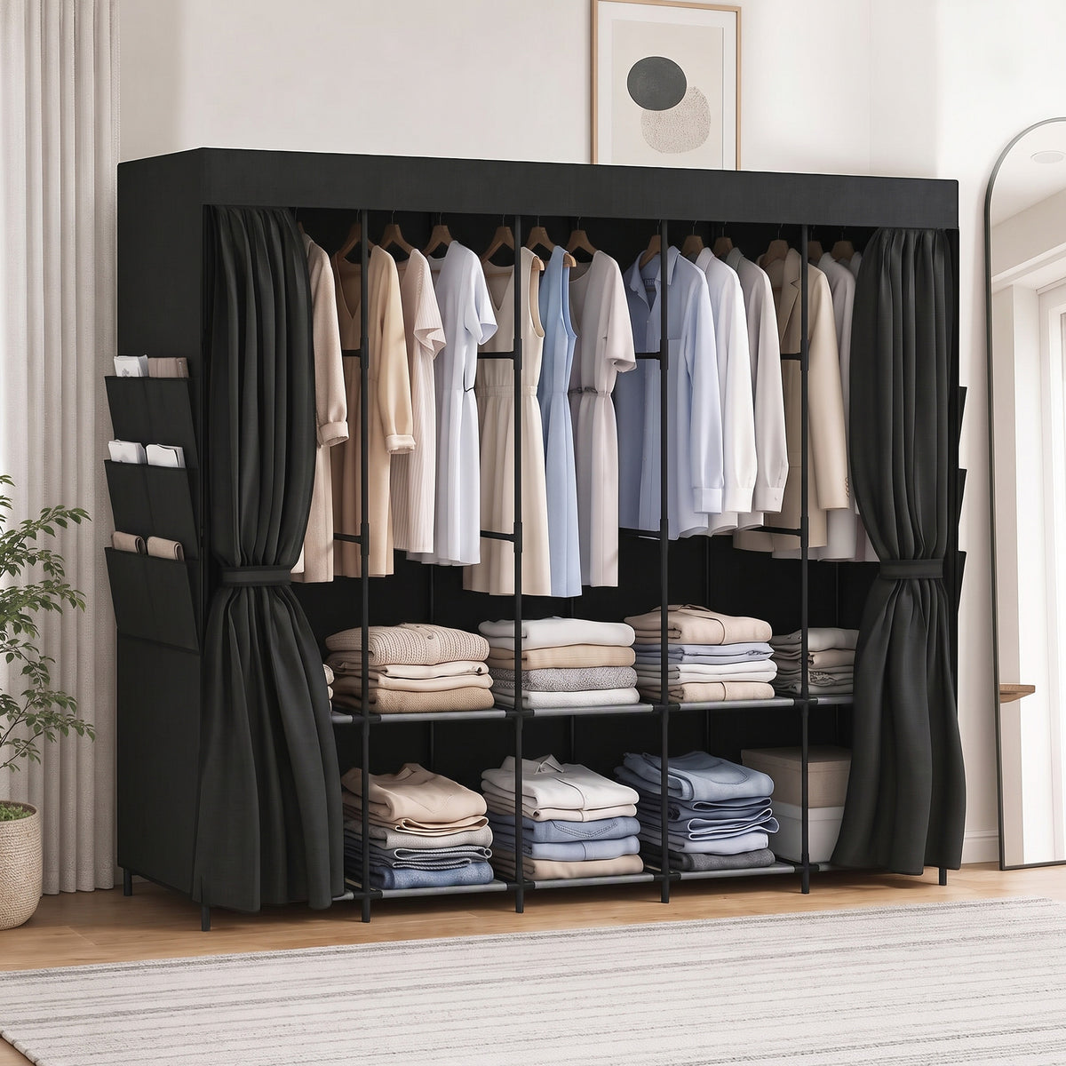 HOMCOM Stoff-Kleiderschrank, staubdicht, tragbar, 5 Kleiderstangen, 212 x 45 x 167 cm, Schwarz – Produktabbildung 2