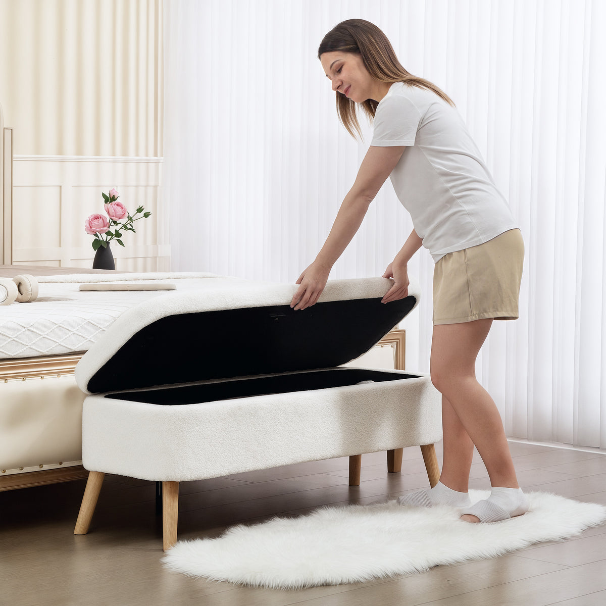HOMCOM Aufbewahrungsbank, Sitzbank mit 65 L Stauraum, Teddy-Fleece-Stoff, Kautschukholz, 120 x 42 x 45 – Produktabbildung 9