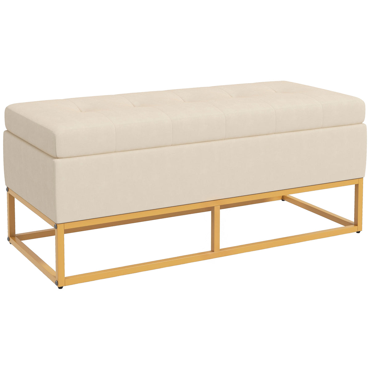 HOMCOM Sitzbank mit Stauraum, dekorative Knopfheftung, Flanelloptik, goldfarbene Stahlbeine, 110 x 47 x 46,5