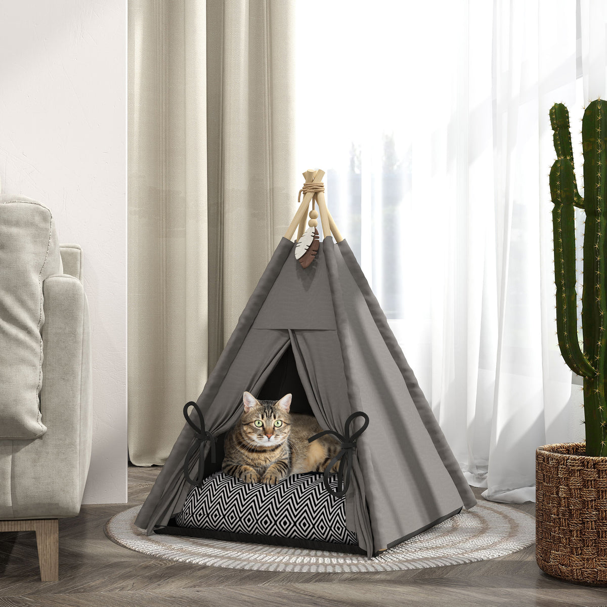 PawHut Tipi-Zelt für Haustiere, Tierbett im Tipi-Design, Katzenzelt mit Kissen, Hundebett zum Schlafen – Produktabbildung 2
