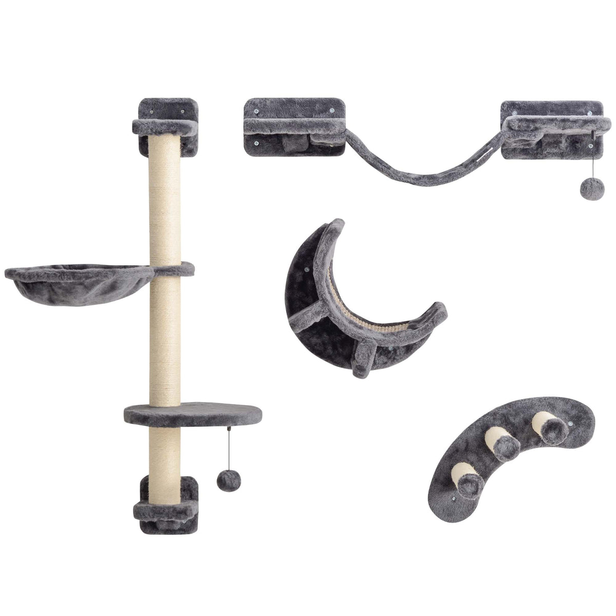 PawHut Kletterwand Katzen 4-teilig Katzen Kletterwand Set mit Hängematte, Katzenbrücke bis zu 5 kg