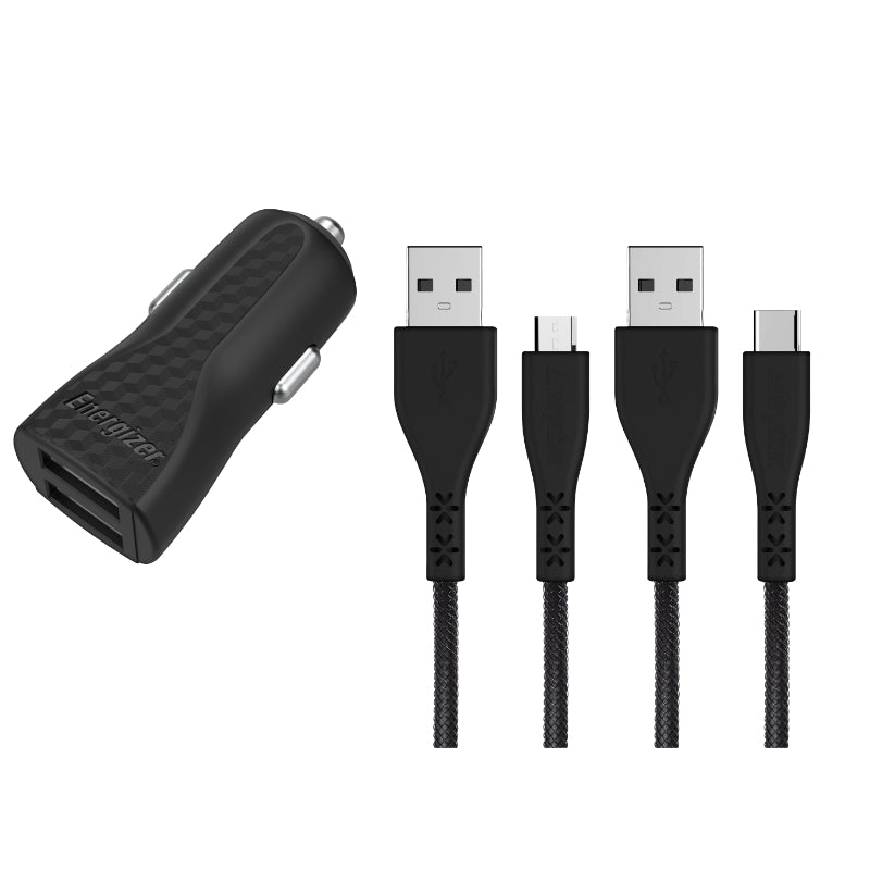 Energizer HardCase - Autoladegerät 2x USB-A 2,4A + Kabel USB-C a Micro USB (schwarz)
