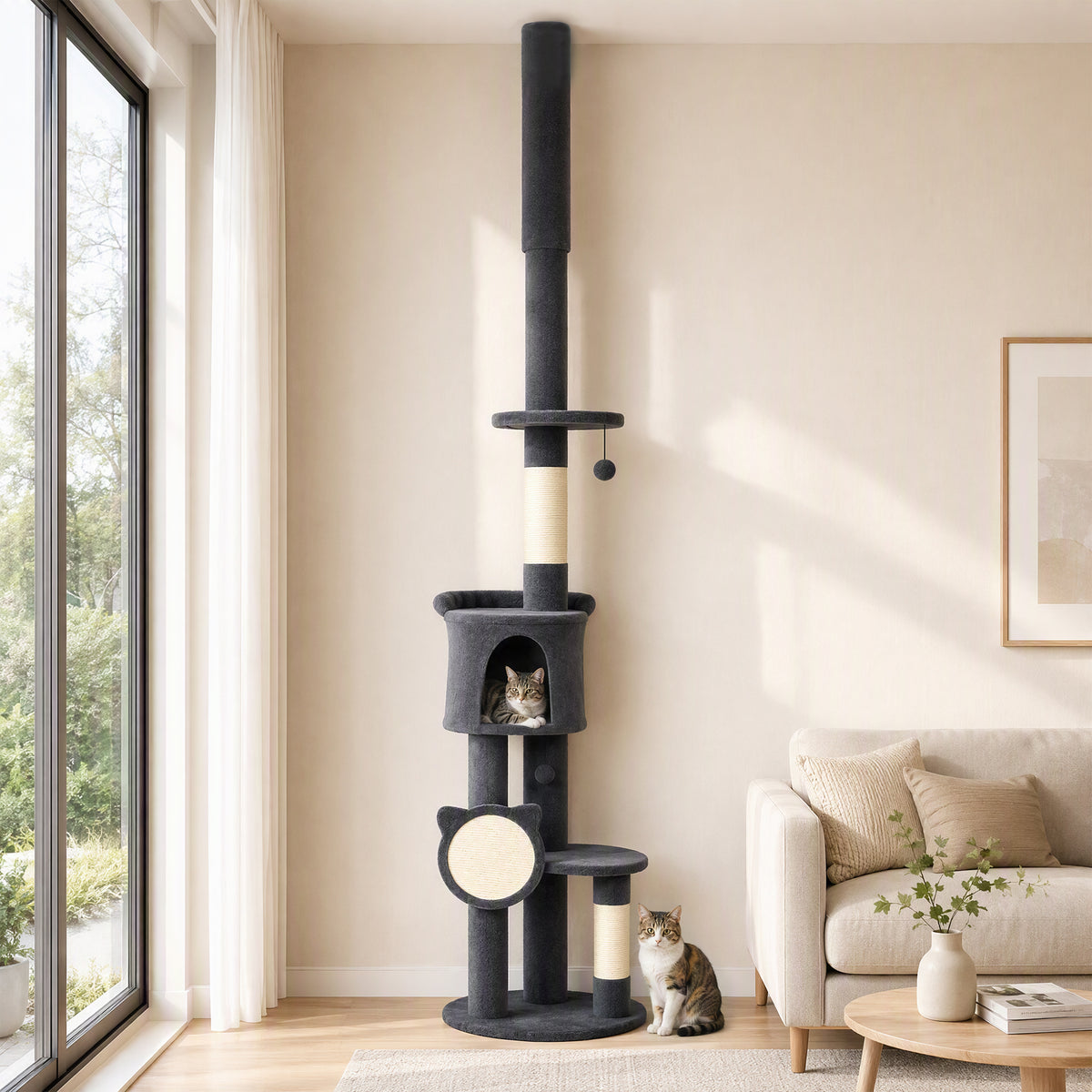 PawHut Kratzbaum Deckenhoch 225–255 cm höhenverstellbar Katzenbaum mit 5 Etagen Sisal-Kratzstämmen – Produktabbildung 2