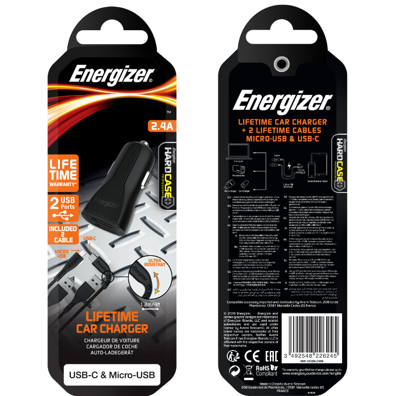 Energizer HardCase - Autoladegerät 2x USB-A 2,4A + Kabel USB-C a Micro USB (schwarz) – Produktabbildung 3