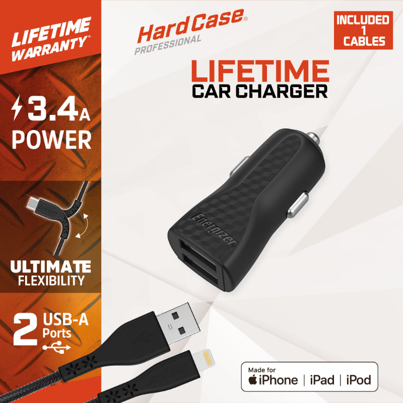 Energizer HardCase - Autoladegerät 2x USB-A 17W 3,4A + Kabel Lightning s certifikací MFi (schwarz) – Produktabbildung 2