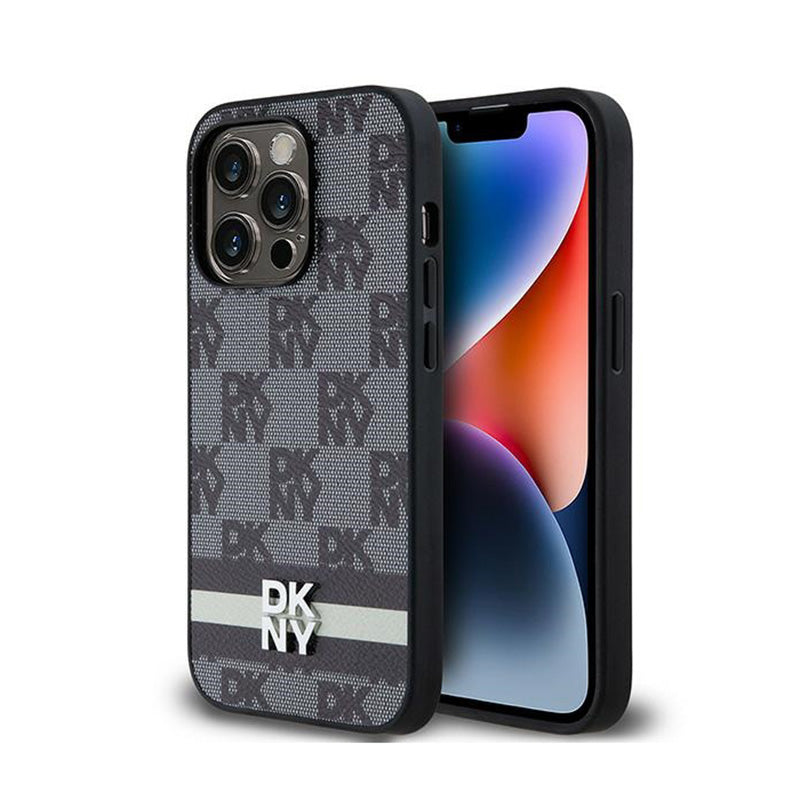 DKNY Leather Checkered Mono Pattern & Printed Stripes - Hülle für iPhone 14 Pro (schwarz)