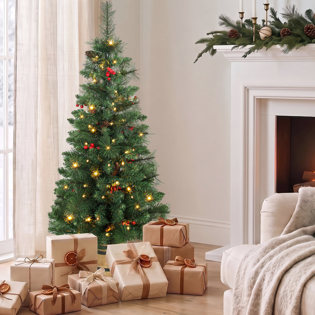 HOMCOM Künstlicher Weihnachtsbaum, 120 cm Christbaum mit 100 LED-Beleuchtung 131 Spitzen Beeren, 2 – Produktabbildung 2