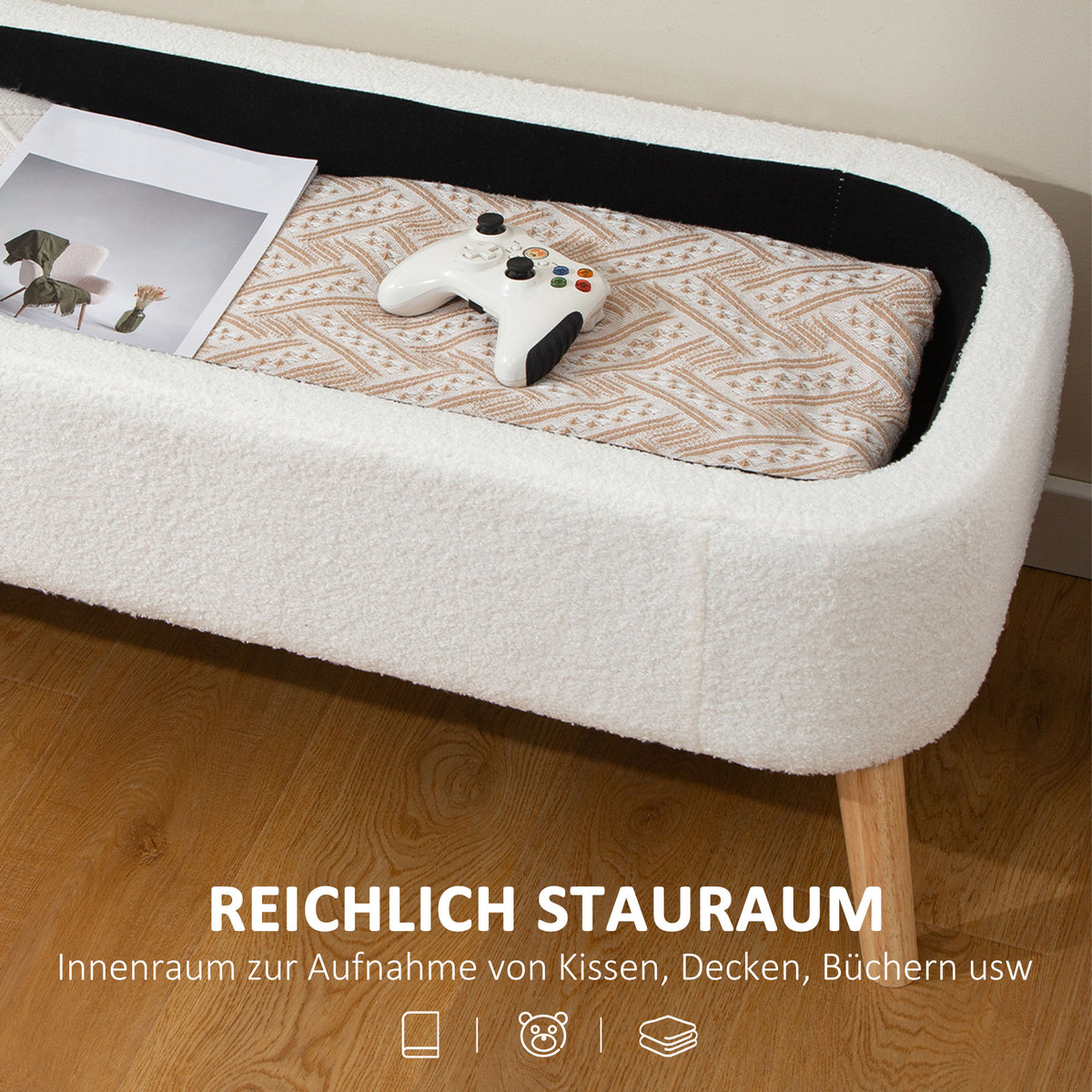 HOMCOM Aufbewahrungsbank, Sitzbank mit 65 L Stauraum, Teddy-Fleece-Stoff, Kautschukholz, 120 x 42 x 45 – Produktabbildung 4