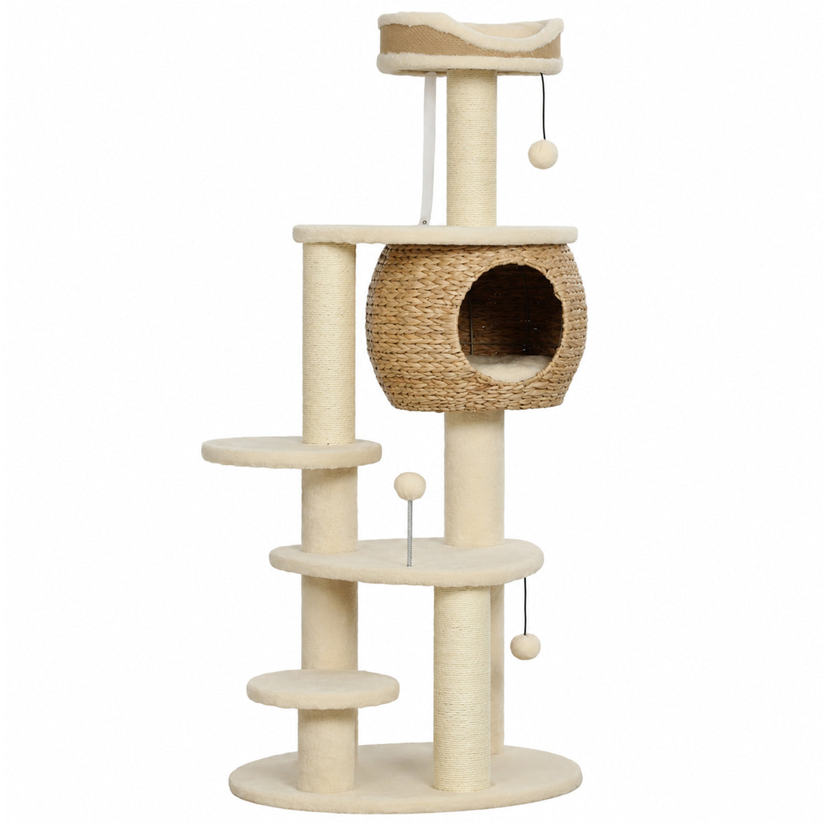 PawHut Kratzbaum Groß 132 cm hoch Katzenbaum mit Rohrkolben-Höhle Kratzstämmen Bett 3 Spielbällen Kippschutz