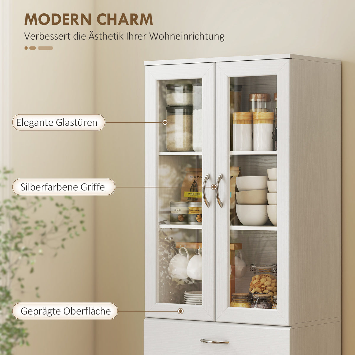 HOMCOM Küchenschrank Buffetschrank mit verstellbar Regal Schublade 2 Schrank Hochschrank mit Glastür 60 – Produktabbildung 6