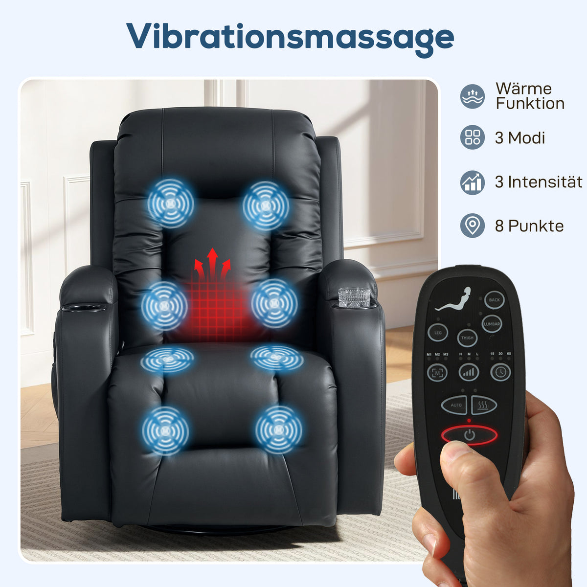 HOMCOM Massagesessel mit Wipp-, Liege- & Wärmefunktion, 3 Modi, drehbar, Schwarz – Produktabbildung 4