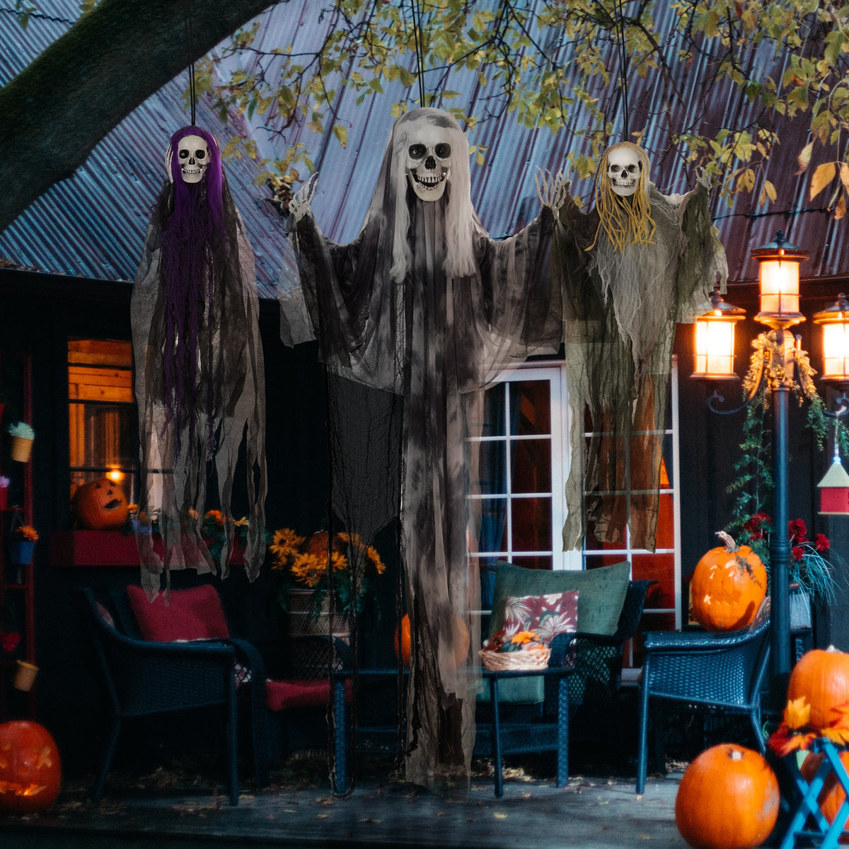 HOMCOM Hängende Skelett-Geister, 3er Set, Halloweendeko, verstellbare Arme, 90/110/200cm – Produktabbildung 2