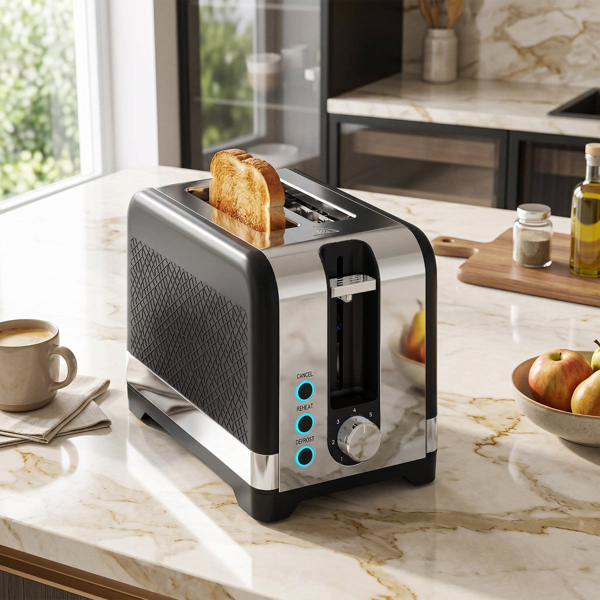 HOMCOM 2-Scheiben-Toaster mit 7 Bräunungsstufen, Aufwärm-/Auftau-/Abbruchfunktionen, Wärmerost, 930 W – Produktabbildung 2