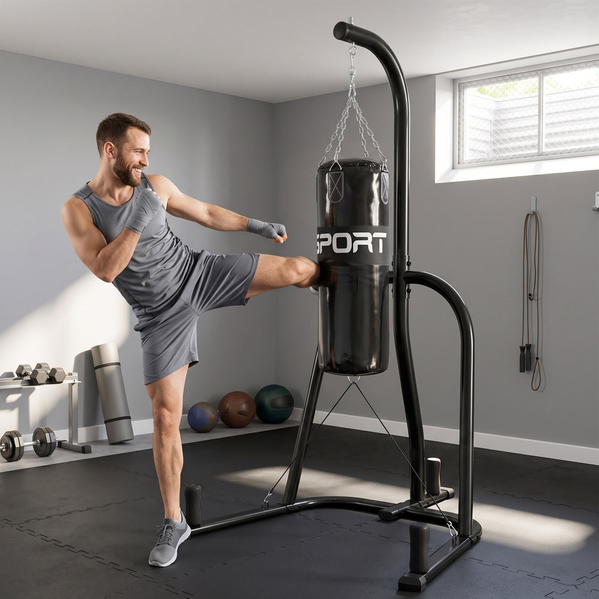 Boxsackständer Freistehender Boxsackhalter mit Boxsack Bungee-Seil 360° Kette U-basis – Produktabbildung 2