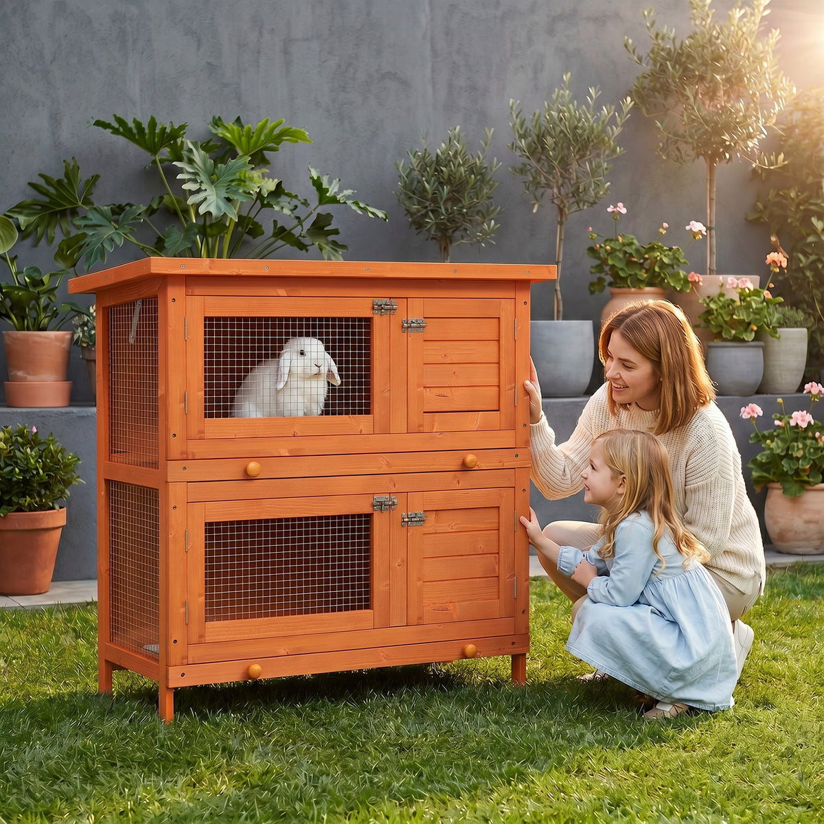 PawHut Kleintierstall 2 Ebenen wetterbeständig Tannenholz Grün + Natur – Produktabbildung 2