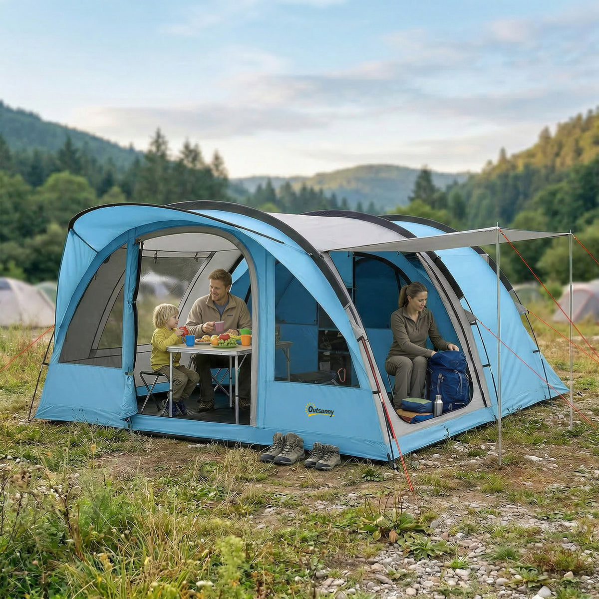 Outsunny Tunnelzelt 4 Personen Familienzelt mit Schlafkabine Vorzelt abnehmbare Trennwand Fenstern – Produktabbildung 2