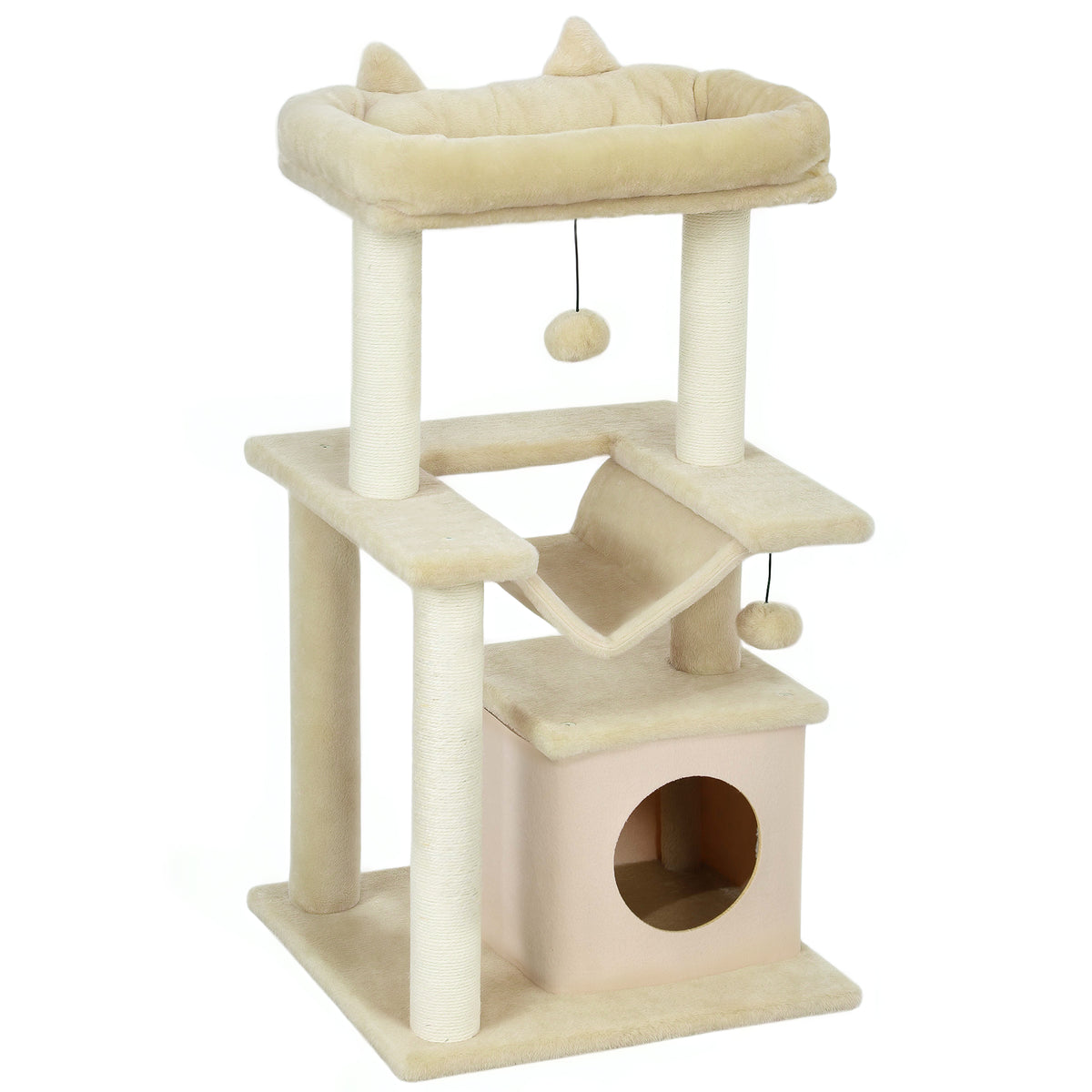PawHut Katzenbaum, Kratzbaum mit Spielzeug, Sitzstange, Hängematte, 48 x 48 x 90 cm, Creme