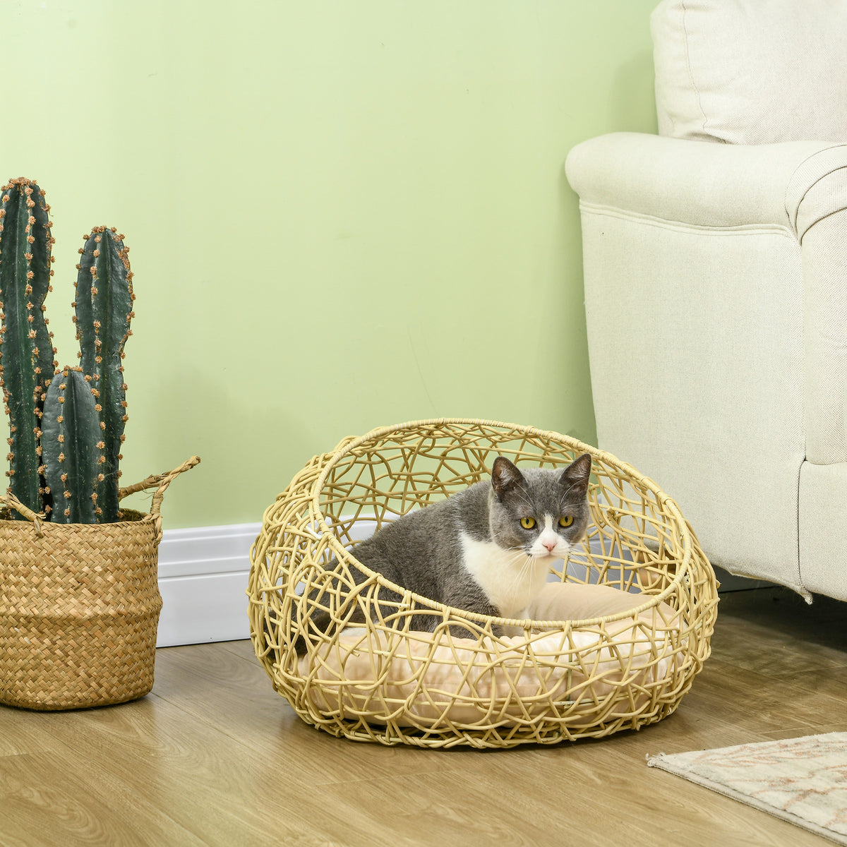 PawHut Rattan Katzenhöhle Katzenbett Katzenhaus mit Kissen Katzenzelt Haustierhaus für Katzen Hunde – Produktabbildung 10
