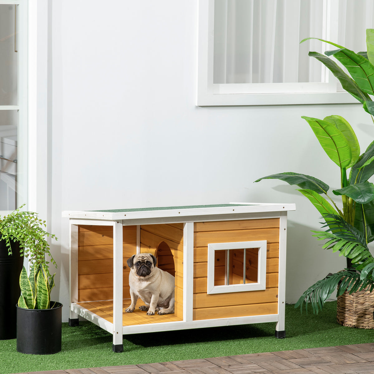 PawHut Hundehütte mit Veranda, aufklappbares Dach, Fenster, verstellbare Füße, Naturholz, orange, 85,5 x – Produktabbildung 2