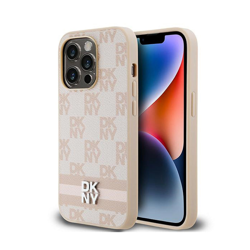 DKNY Leather Checkered Mono Pattern & Printed Stripes - Hülle für iPhone 14 Pro (rosa)