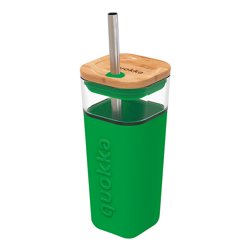 Quokka Liquid Cube - Glasbecher 540 ml mit Edelstahlstrohhalm (grün)