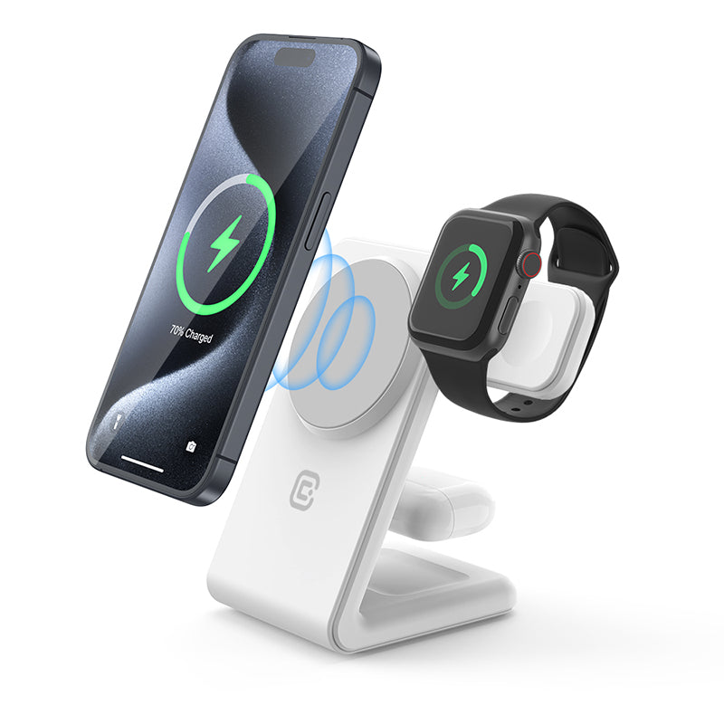 Ständer Crong MagSpot Pivot – Kabelloses Ladegerät 3 in 1 s MagSafe für iPhone, Apple Watch a AirPods (weiß)