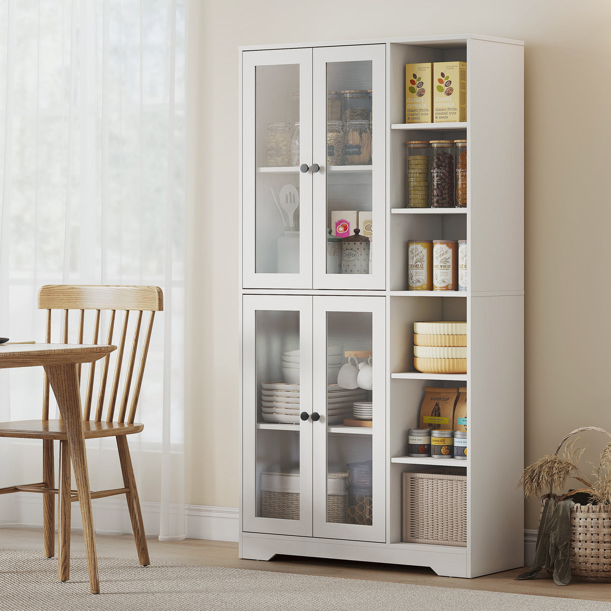 HOMCOM Küchenschrank mit Glastüren, Regale, offene Ablagen, 172 cm groß, MDF, Weiß – Produktabbildung 2