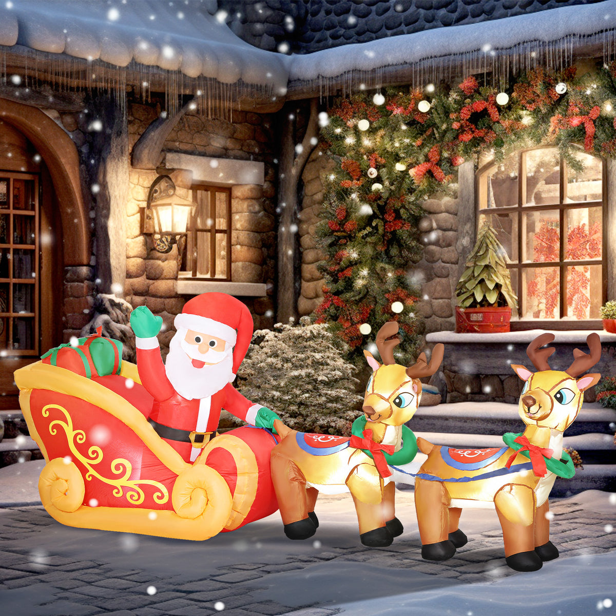 Outsunny Aufblasbare Weihnachtsdekoration, Weihnachtsmann im Rentierschlitten, Polyester – Produktabbildung 2