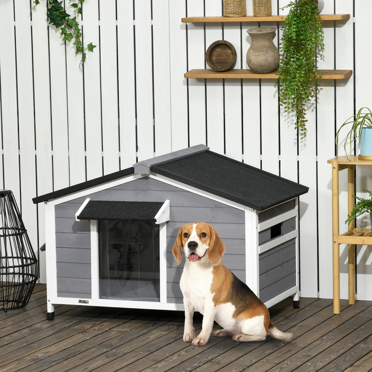 PawHut Hundehütte aus Massivholz, wetterbeständig, Asphaltdach, abnehmbarer Boden, 109 cm x 79 cm x 72 – Produktabbildung 2