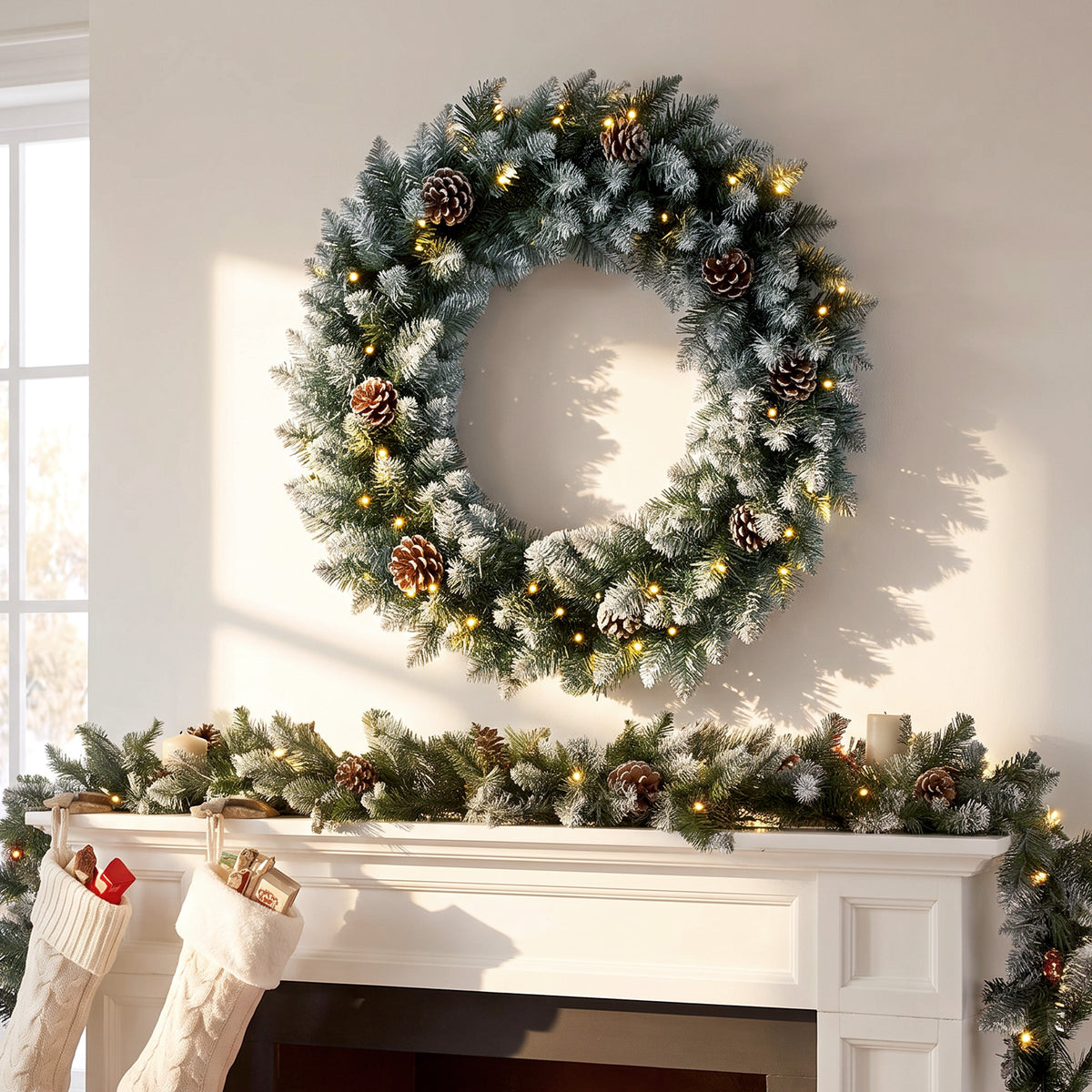 HOMCOM Weihnachtskranz 60 cm Beleuchtet Türkranz mit 50 LEDs Zapfen Kunstschnee für Weihnachten Advent – Produktabbildung 2